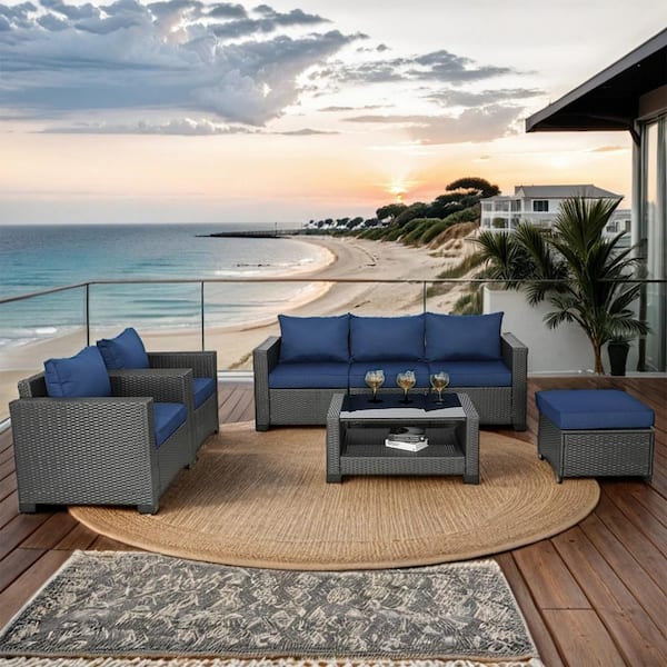 Tenleaf Dark Coffee Rattan 7-Piece Wicker Outdoor Sectional Conversation Set with Dark Blue Cushions