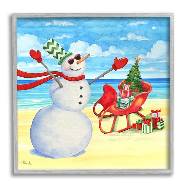 Stupell Industries Snowman on Beach Scene by Paul Brent 1 Piece Framed Graphic Print Nature Poster Art Print 17 in. x 17 in.