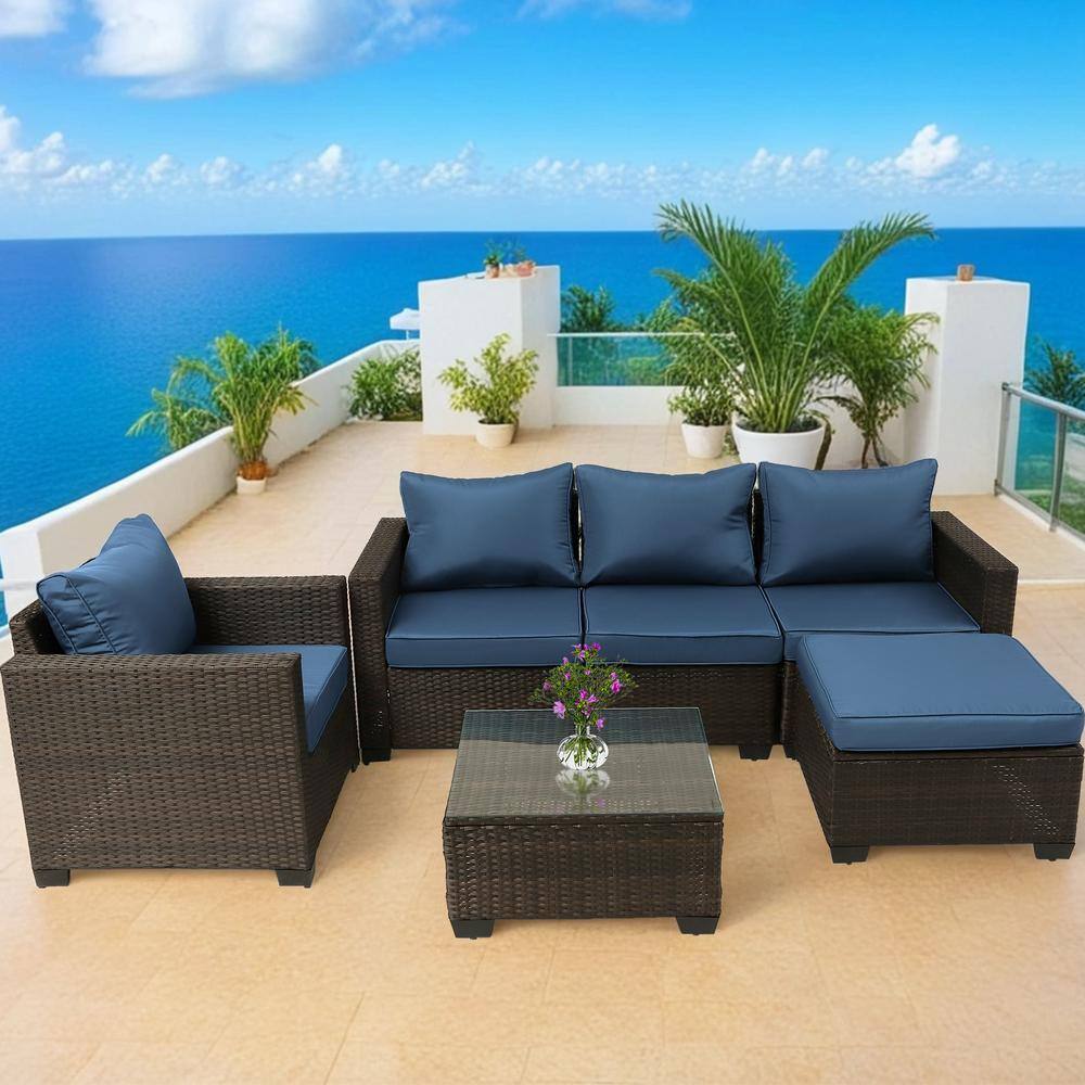 6-Piece Dark Brown Wicker Outdoor Sectional Sofa Set with Coffee Table, Dar