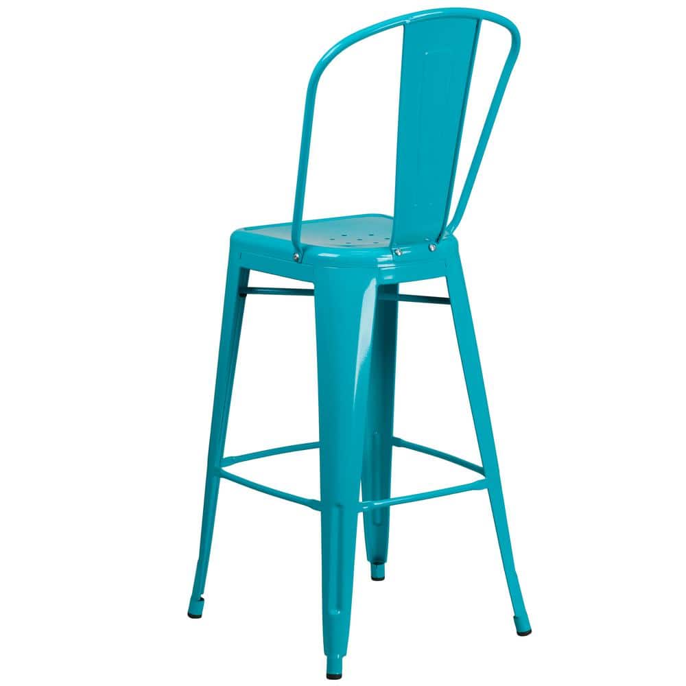 Crystal Teal-Blue Metal Indoor-Outdoor Barstool with Back