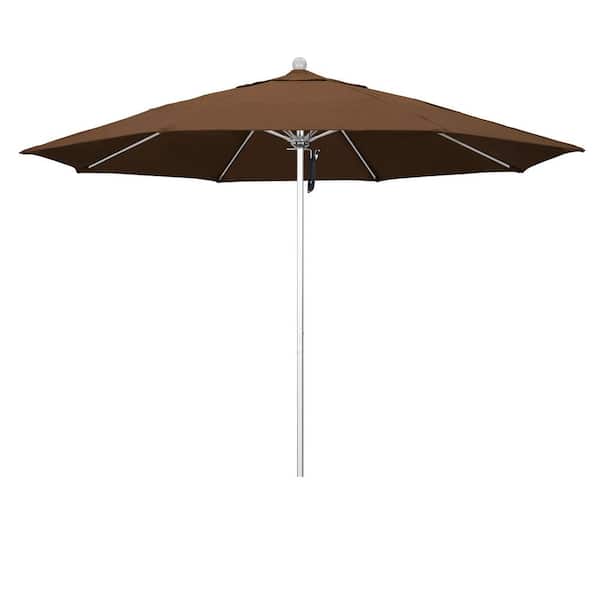 11 ft. Silver Anodized Aluminum Market Patio Umbrella with Fiberglass Ribs Pulley Lift in Teak Sunbrella