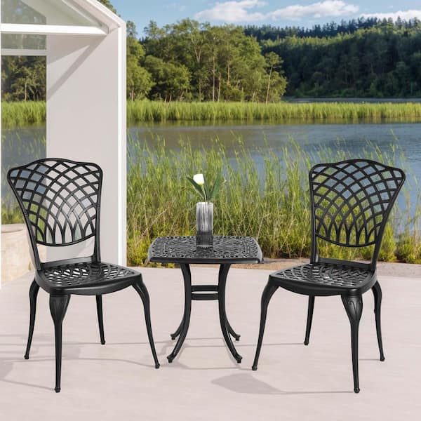 3-Piece Black Cast Aluminum Square Table Outdoor Bistro Set with Umbrella Hole