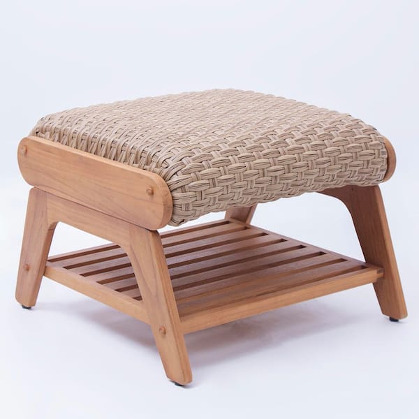 Cambridge Casual Luton Unfinished Teak Wood Outdoor Ottoman with Padded Woven Seat and Patio Cover