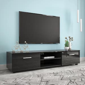 62.99 in. Black TV Stand Fits TV's up to 70 in. with 2-Storage Cabinet with Open Shelves for Living Room