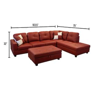 Red Faux Leather 3-Seater Left-Facing Chaise Sectional Sofa with Ottoman