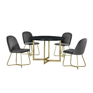 Daniela 5-Piece Circle Black Wooden Top Dining Set with Dark Gray Velvet Fabric Chairs