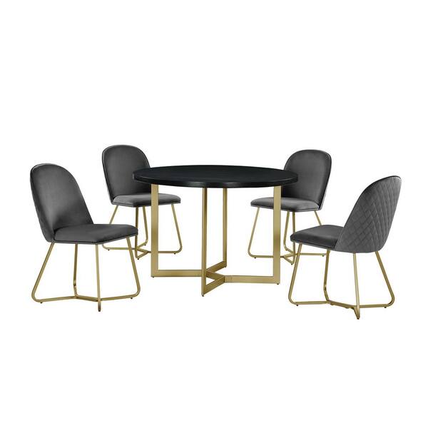 Best Quality Furniture Daniela 5-Piece Circle Black Wooden Top Dining Set with Dark Gray Velvet Fabric Chairs