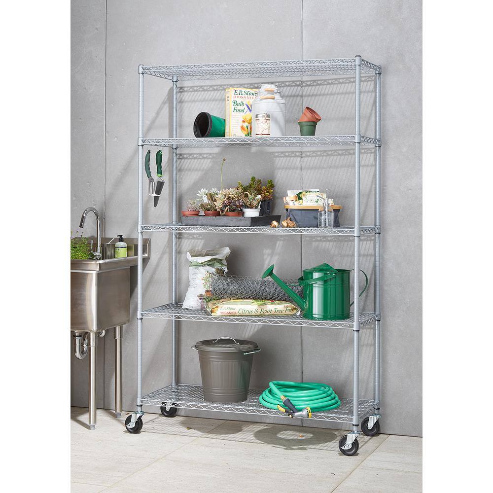 Gray Adjustable 5-Tier Steel Wire Shelving Unit with Wheels