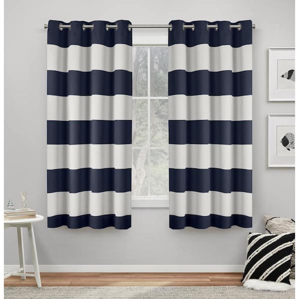 EXCLUSIVE HOME Sateen Rugby Kids Navy Stripe Woven Room Darkening Grommet Top Curtain, 52 in. W x 63 in. L (Set of 2)
