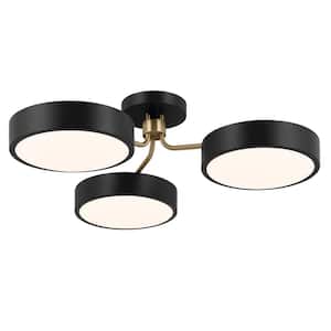 Sago 40 in. 3-Light Black and Champagne Bronze Bedroom Modern Integrated LED Semi-Flush Mount Ceiling Light