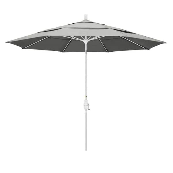 California Umbrella 11 ft. Matted White Aluminum Market Patio Umbrella with Fiberglass Ribs Collar Tilt Crank Lift in Granite Sunbrella