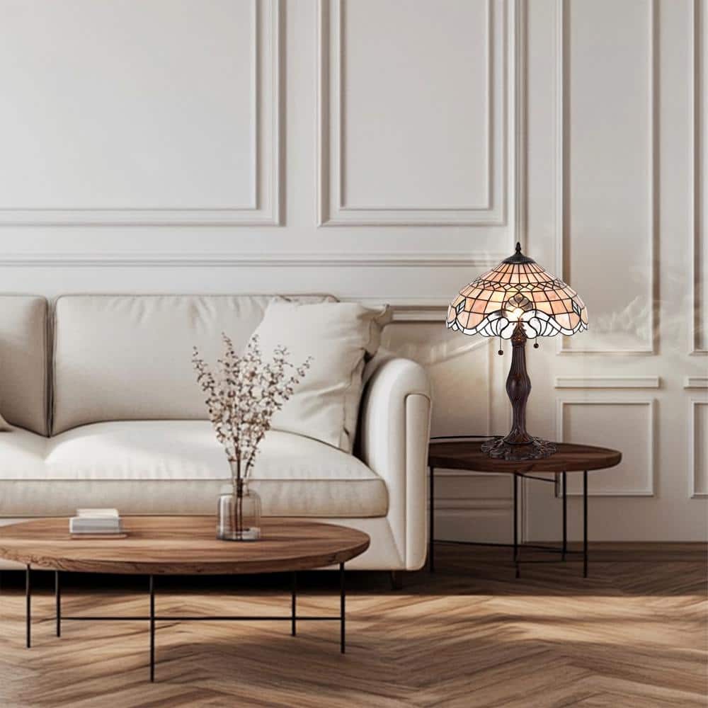 Pearl White Stained Glass and Bronze Table Lamp Set