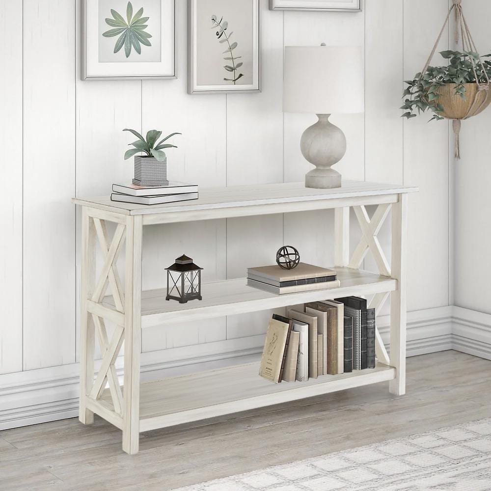 Jamestown 42 in. White Wash Standard Rectangle Wood Console Table with Shel