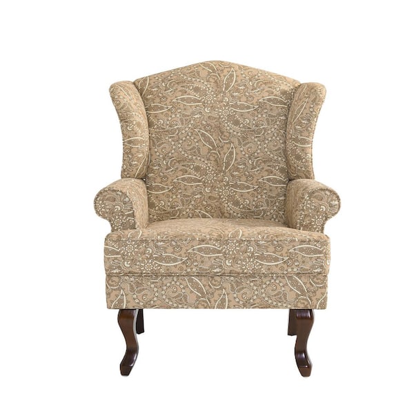 Mid-Century Retro Style Paisley Brown Linen Upholstered Wingback Arm Chair with Wooden Legs (Set of 1)
