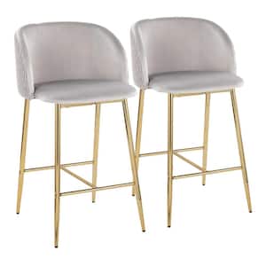 Fran Pleated Waves 36 in. Silver Velvet and Gold Metal High Back Counter Height Bar Stool (Set of 2)