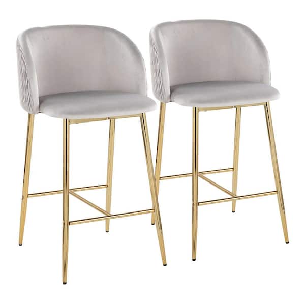 Lumisource Fran Pleated Waves 36 in. Silver Velvet and Gold Metal High Back Counter Height Bar Stool (Set of 2)