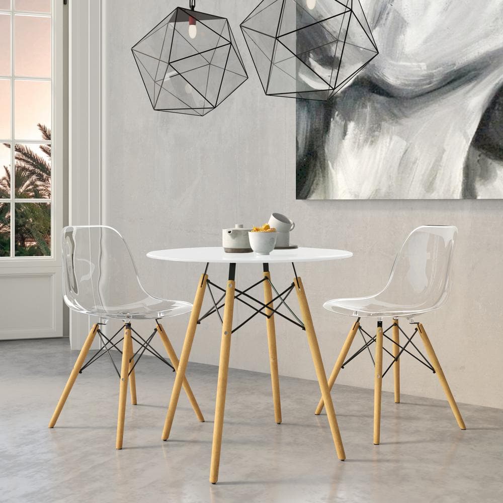 Dover Round White Wood Top Dining Table with Natural Wood Eiffel Base