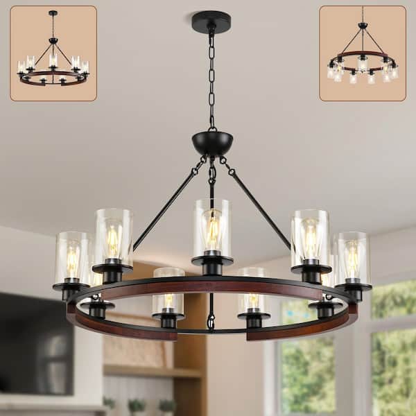 PAKOKULA 9-light Black Rustic Wagon Wheel Chandelier for Kitchen Island with no bulbs included