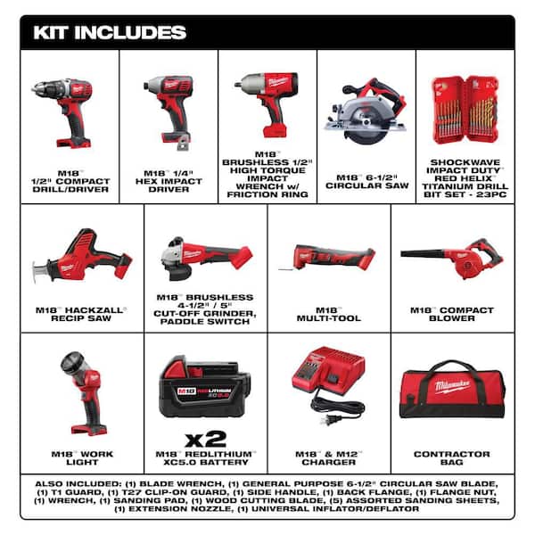M18 18-Volt Lith-Ion Cordless Combo Kit (9-Tool) w/ (2) Batteries, Charger, Tool Bag, & Drill Bit Set