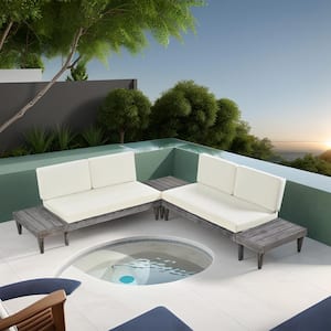 3-Piece Wood Outdoor Conversation Set, Sectional Sofa Set with Side Table and Beige Cushions and Coffee Table Set, Grey