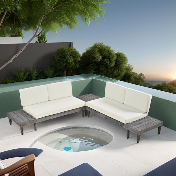 Zeus & Ruta 3-Piece Wood Outdoor Conversation Set, Sectional Sofa Set with Side Table and Beige Cushions and Coffee Table Set, Grey