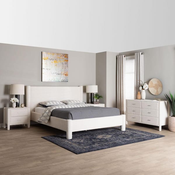 Baxton Studio Laria 4-Piece White Teddy Fabric Wood Queen Bedroom Set
