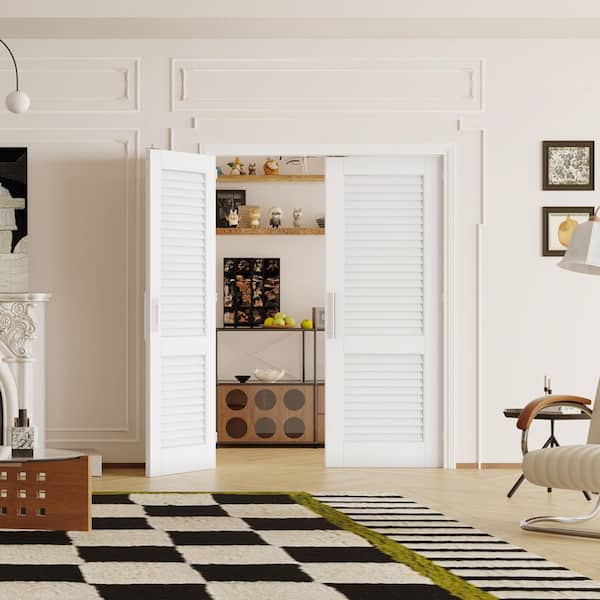 48in. x 80in. Solid Wood & MDF, Louvered Panel, White Primed, Pantry Door Interior Door Slab With Ball Catch & Top Latch