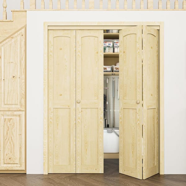 60 in. x 80 in. Arch Panel 2-Lite Solid Core Unfinished Pine Wood Interior Closet Bi-Fold Door with Hardware