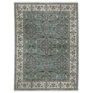 Key Blue/Green Doormat 3 ft. x 5 ft. Vintage Oriental Floral Polyester Fringed-Edge Indoor Area Rug