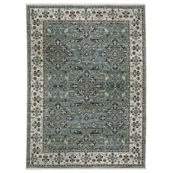 AVERLEY HOME Key Blue/Green 7 ft. x 10 ft. Vintage Oriental Floral Polyester Fringed-Edge Indoor Area Rug
