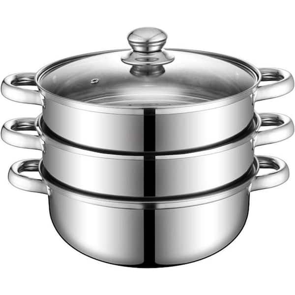 3-Piece Stainless Steel Steamer Pot Set Silver Induction Safe Multipurpose Visual Glass Lid for Kitchen Cooking