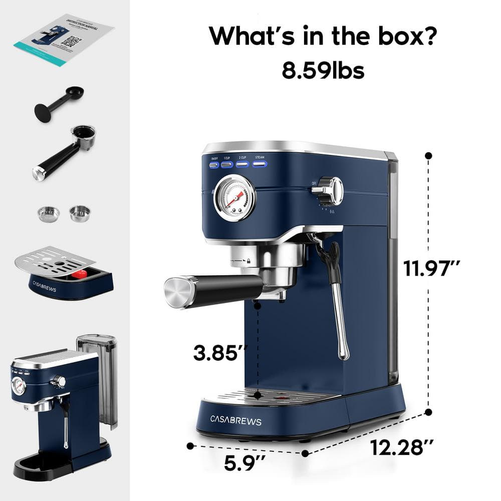 Sapphire Blue Semi-Automatic Espresso Machine with Steam Wand