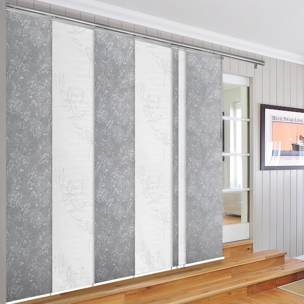 EMOH Etched Blossom 110 in. - 153 in. W x 94 in. L Adjustable Light Filtering 7-Panel White Panel Track with 23.5 in. Slates