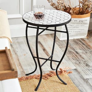Black Metal Mosaic Top Outdoor Side Table with Curved Legs, White Pattern