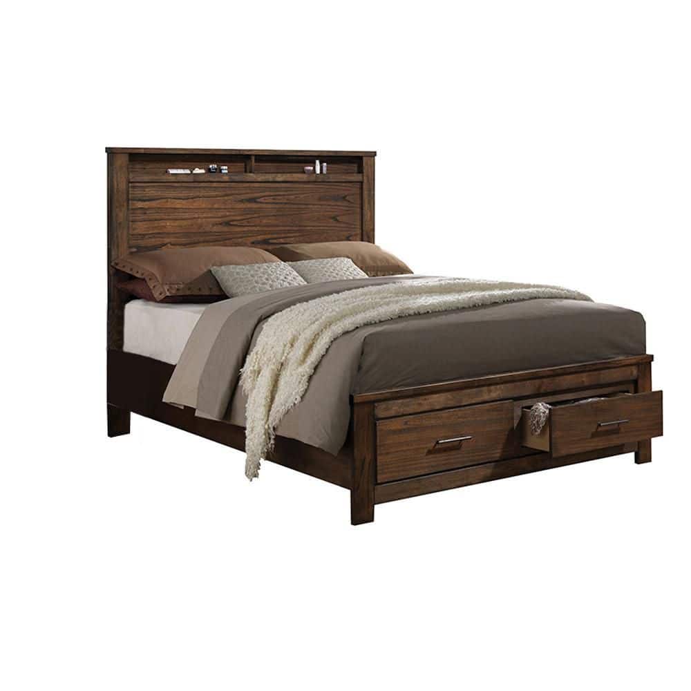 Oak Queen Bed with Storage and Upholstered Headboard