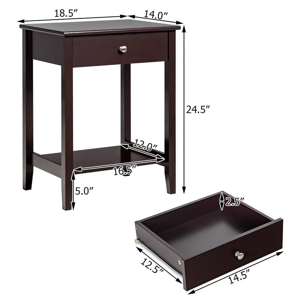 Compact Brown Wood Nightstand with Drawer and Shelf