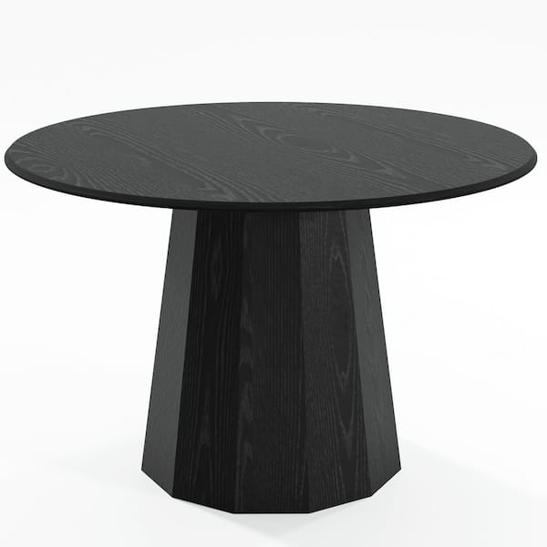 Dovelina 46 in. Oak Wood Black Column Pedestal Round Kitchen Table ...