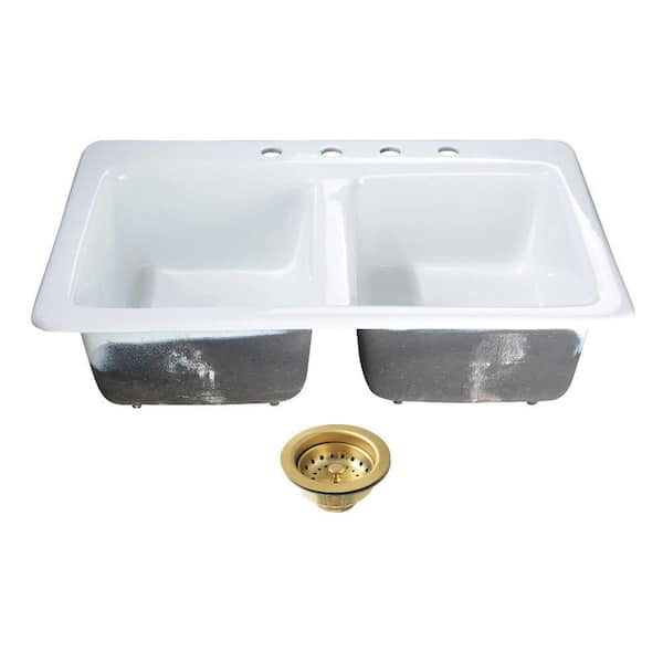 Petra Galley 33 in. Drop-In 50/50 Double Bowl Cast Iron Kitchen Sink with Basket Strainer