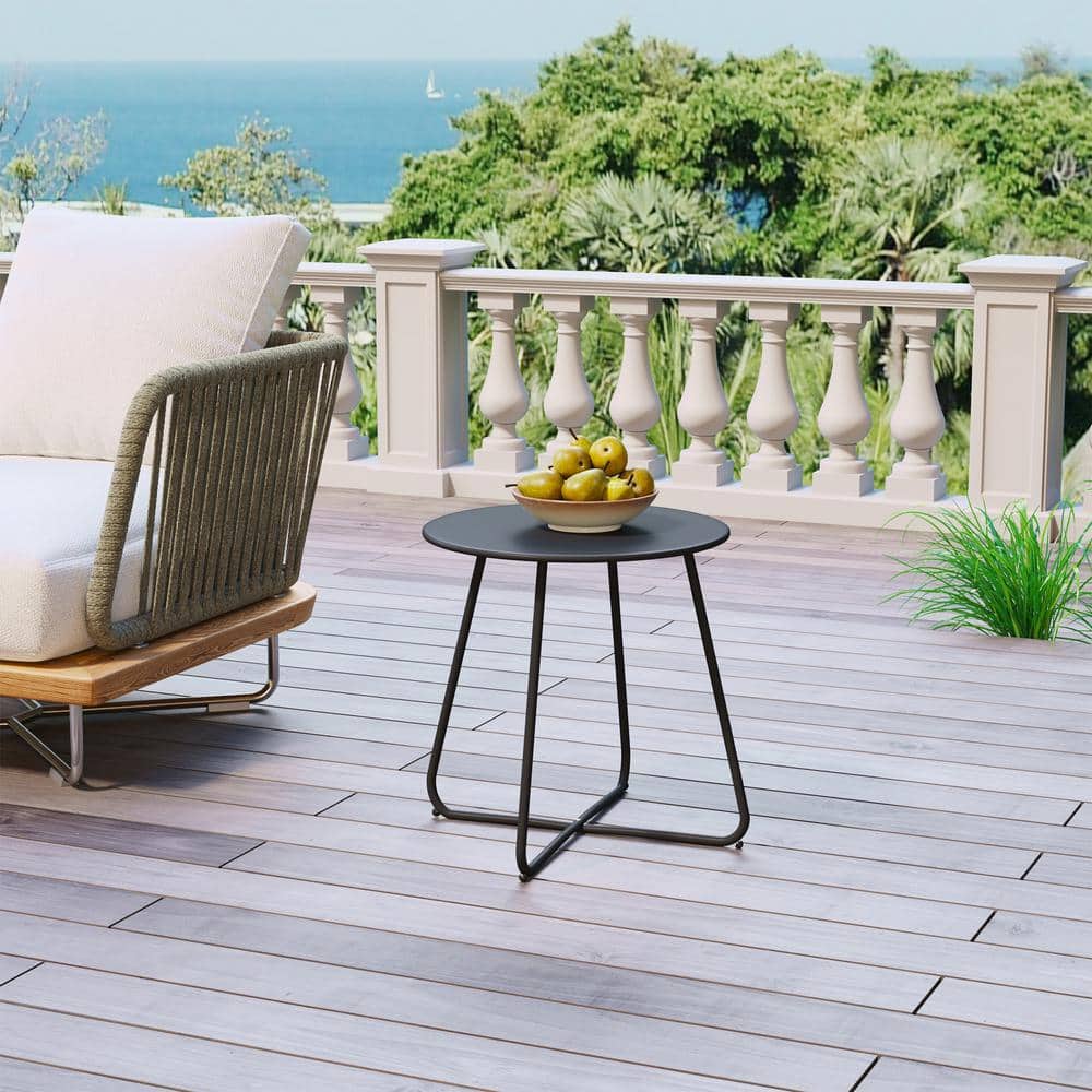 Black Round Steel Patio Side Table with Adjustable Feet