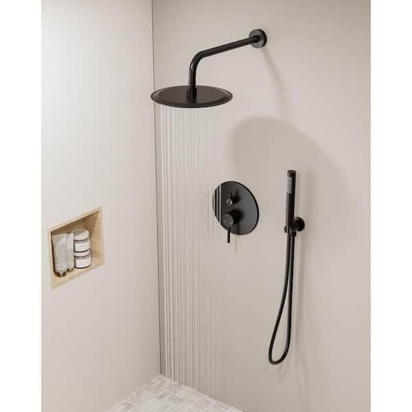 Double Handles 3-Spray 10 in. Wall Mount Shower Head Tub and Shower Faucet in Matte Black (Valve Included)