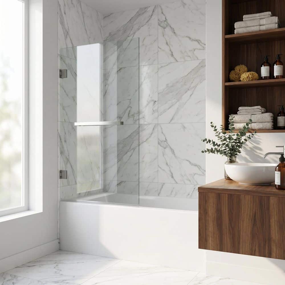 VIGO Rialto 34 in. W x 58 in. H Pivot Frameless Tub Door in