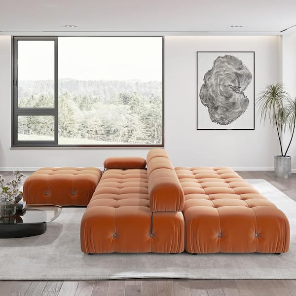 Chameleon 104 in. Square Arm Minimalism 7-piece Modern Velvet Modular Combination Sectional Sofa with Ottomans in Orange