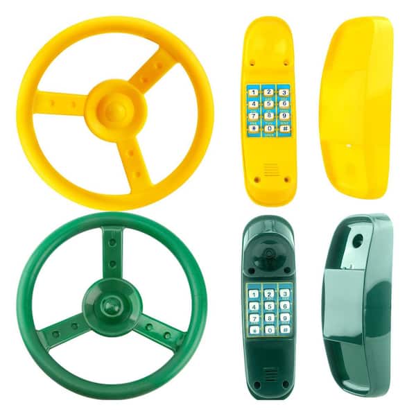 Playground Accessories Set Includes Steering Wheel and Telephone Toy in Green and Yellow - 4-Pack