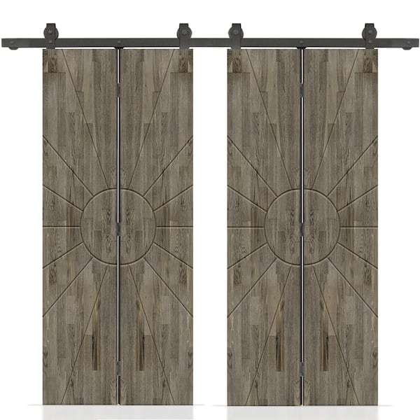 CALHOME Sun 72 in. x 80 in. Hollow Core Weather Gray Stained Pine Wood Double Bi-fold Door with Sliding Hardware Kit