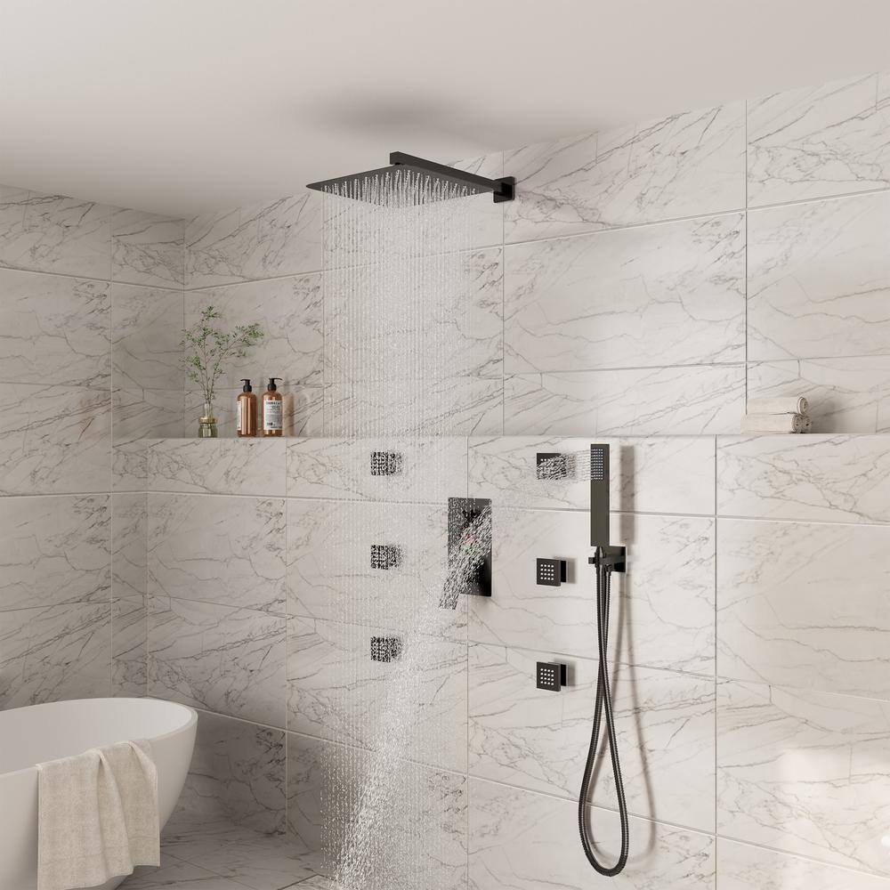 Matte Black 12" Dual Square Wall Mounted Shower System with Body Jets