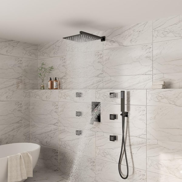 3-Spray 12 in. 2.5 GPM Square Wall Mount Dual Shower Head and Handheld Shower Head with 6-Body Jets in Matte Black