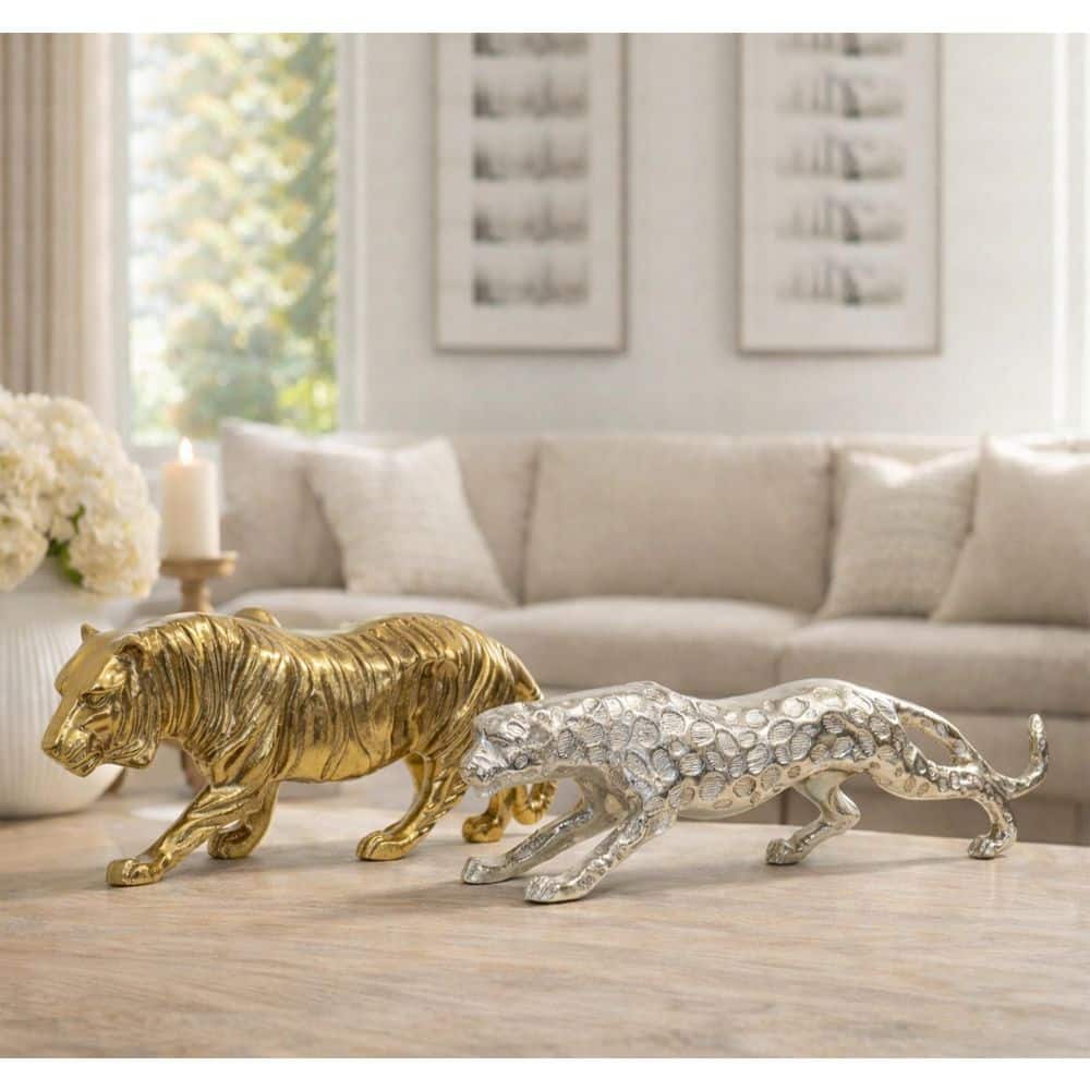 シムシメール　leopard right White gold left 希少 StyleCraft Menagerie Silver 19 in. x 5 in. Leopard Metal Animals