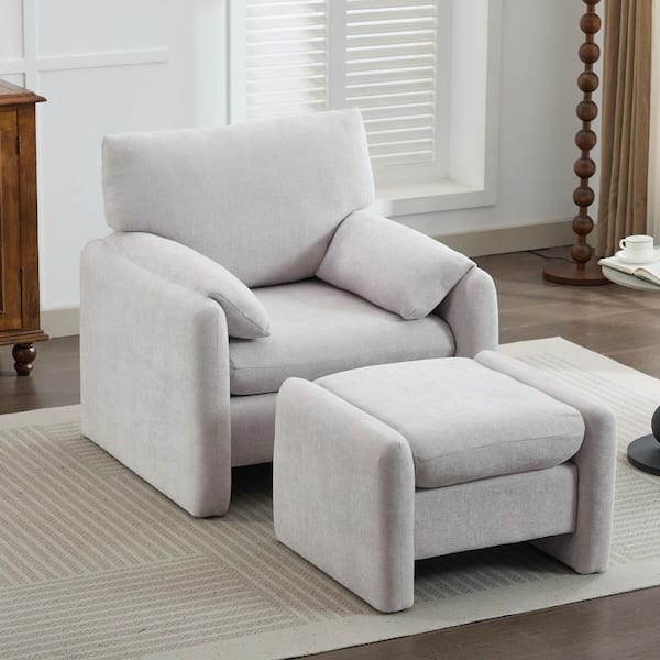 Jearey 36.41 in. Grey Comfy Oversized Chenille Accent Arm Chair with Ottoman for Living Room