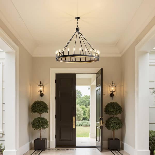 47 in. 24-Light Large Black Farmhouse Wagon Wheel Chandelier, Round Industrial Pendant Light for high Ceilings