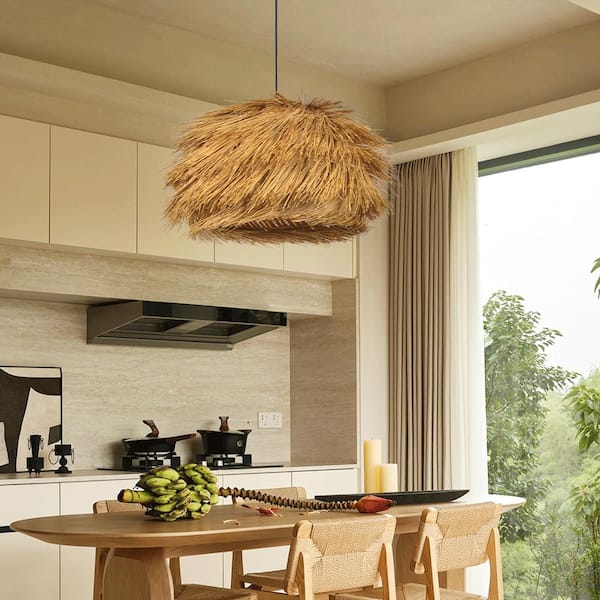 1-Light Yellow Woven Rattan Pendant Light with Geometric Shade